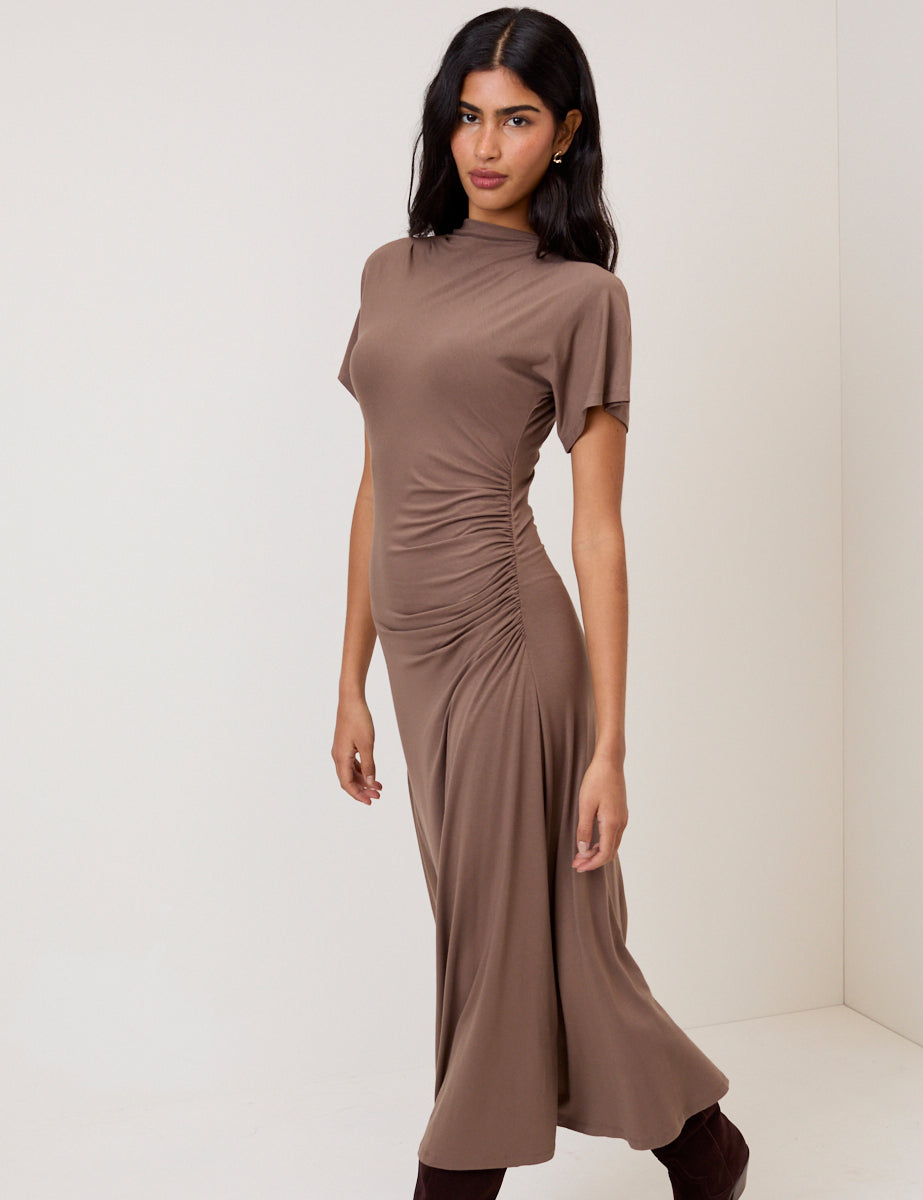 Brown Ruched Niamh Jersey Midi Dress