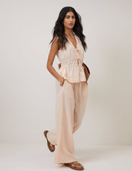 Pink Cordie Ruched Tie Front Linen-Blend Top