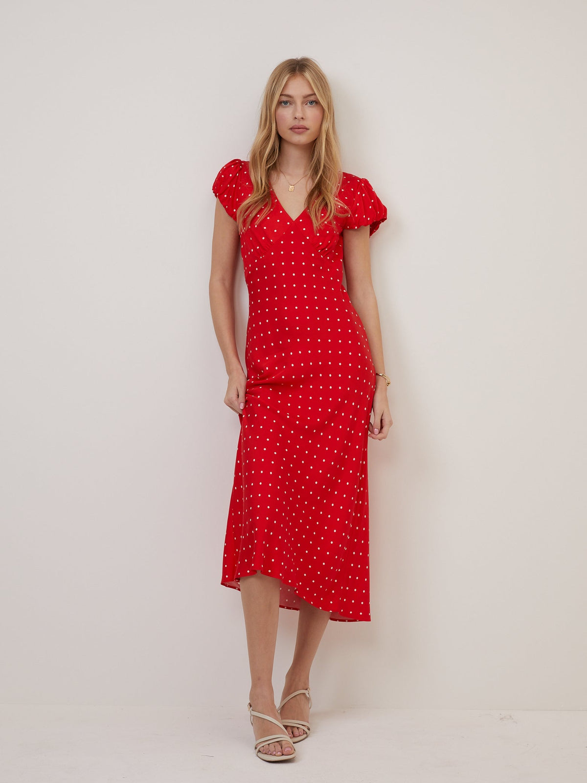 Red Polka Dot V Neck Lina Midi Dress
