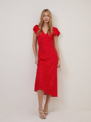 Red Polka Dot V Neck Lina Midi Dress