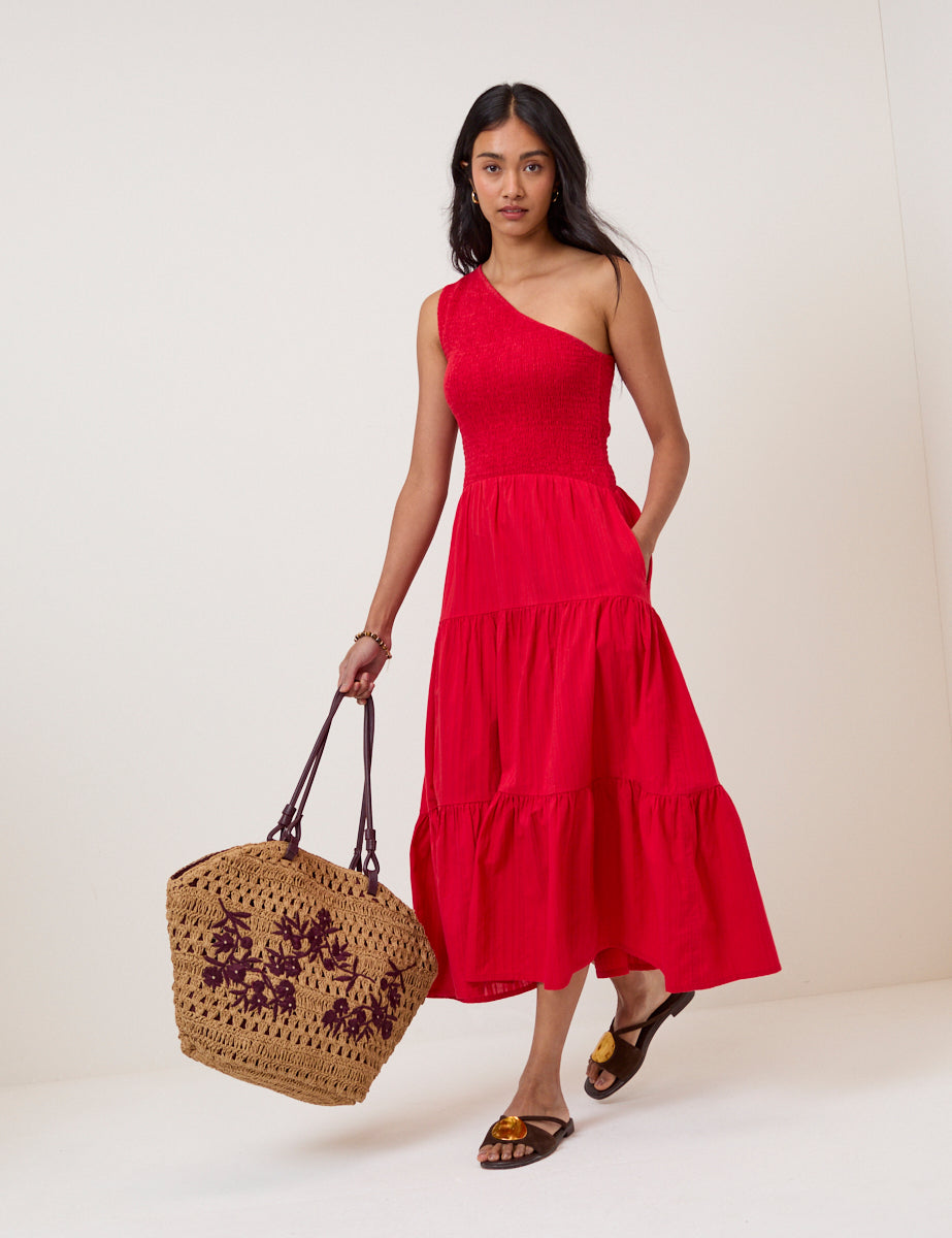 Red One Shoulder Cecilia Midi Dress