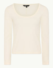 Cream Long Sleeve Scoop Neck Ribbed Top