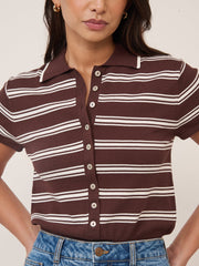 Brown Striped Knitted Polo Top