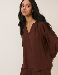 Brown Linen-blend Blouse