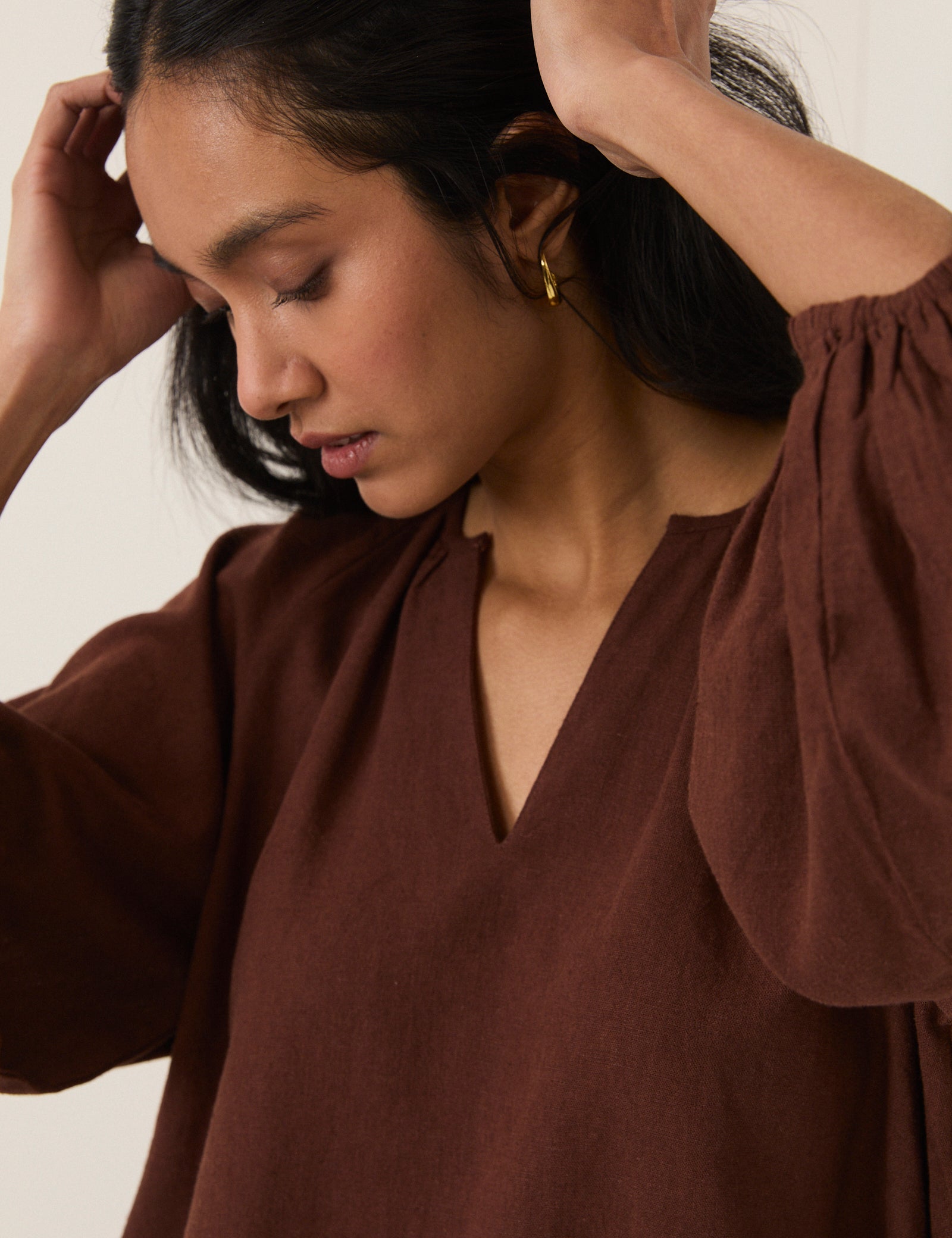 Brown Linen-blend Blouse