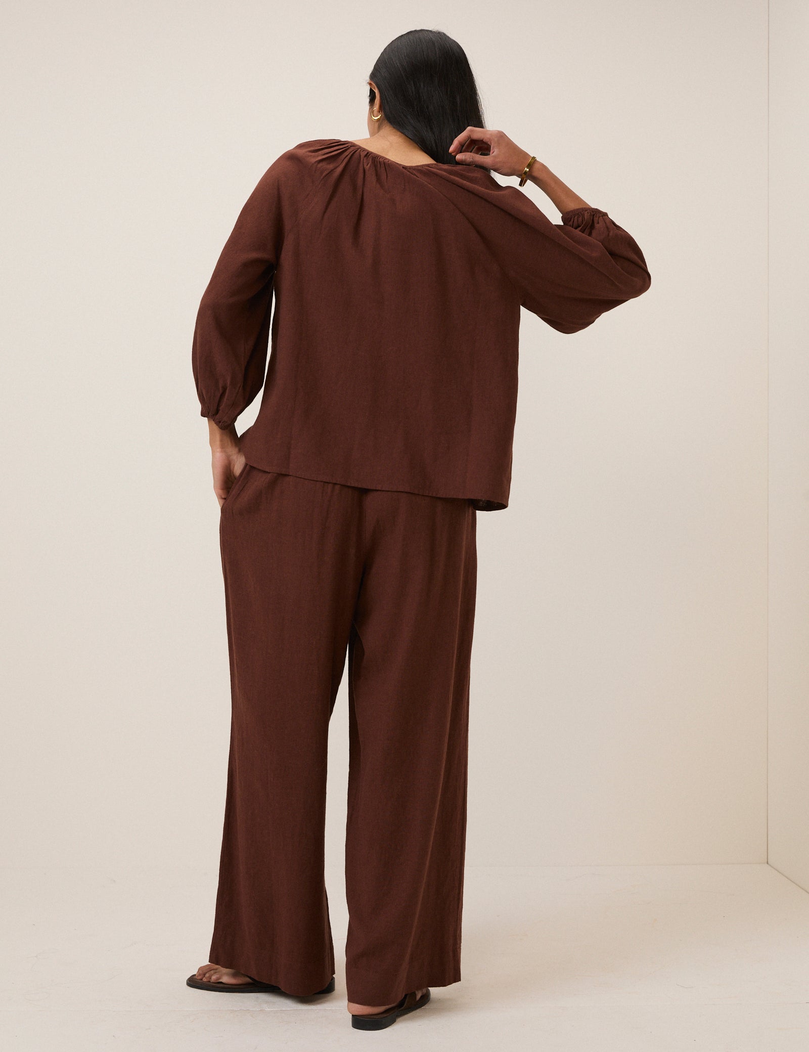 Brown Linen-blend Blouse