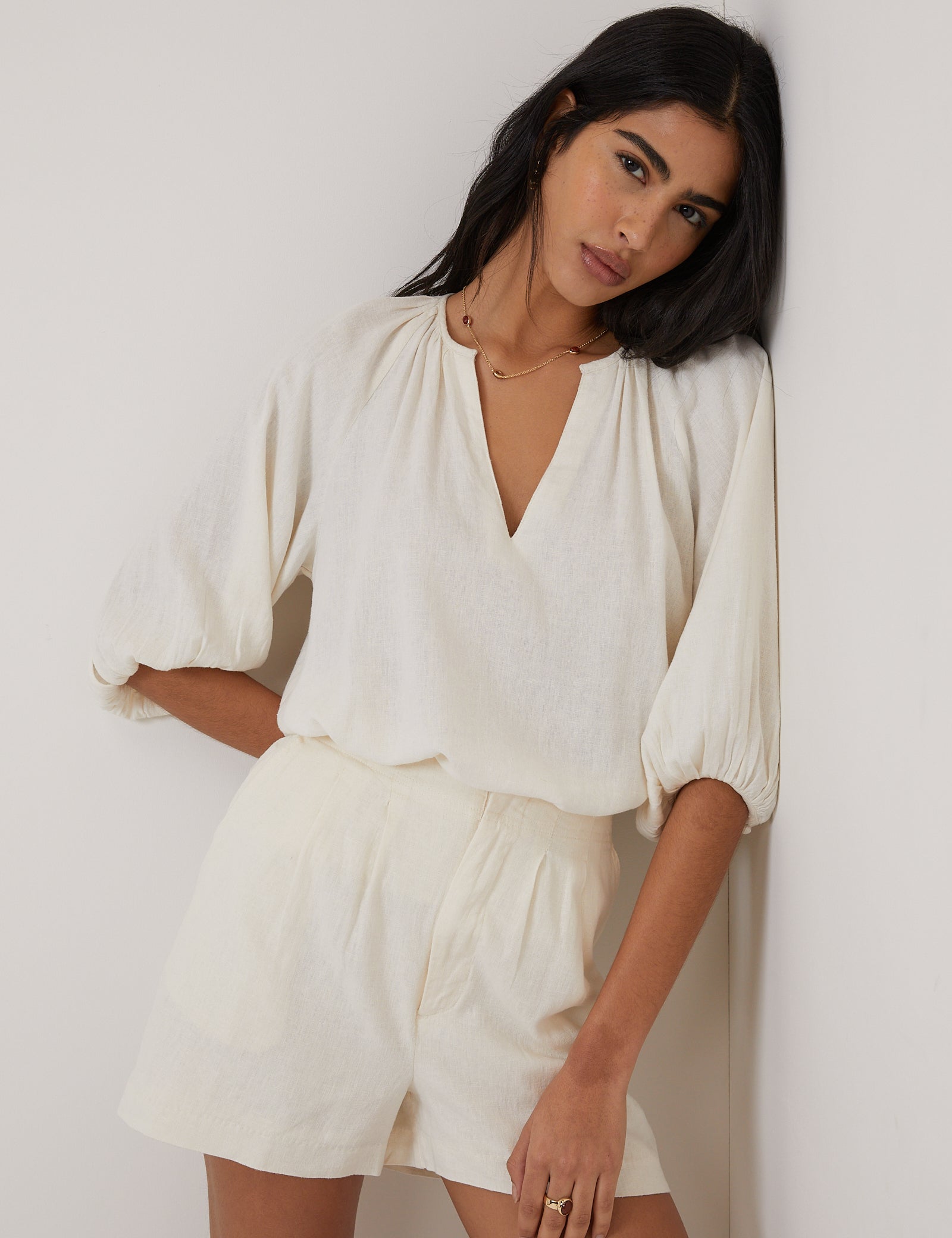 Cream Linen-Blend Blouse