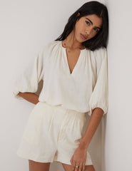 Cream Linen-Blend Blouse