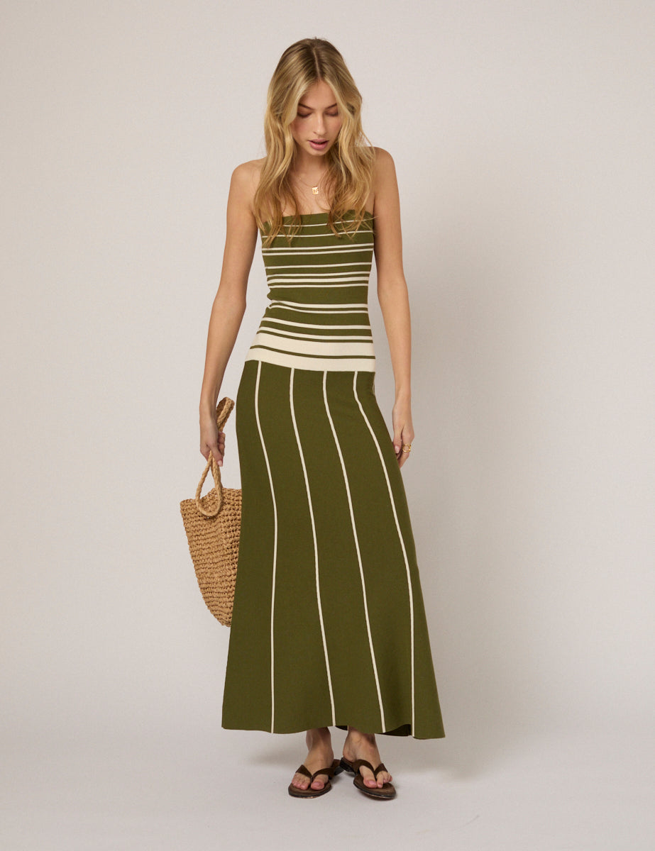 Green Striped Bandeau Knitted Midi Dress
