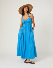 Blue Ruched Paige Midi Dress