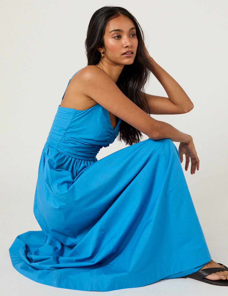 Blue Ruched Paige Midi Dress