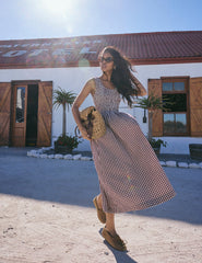 Burgundy Gingham Shirred Kinsley Midi Dress