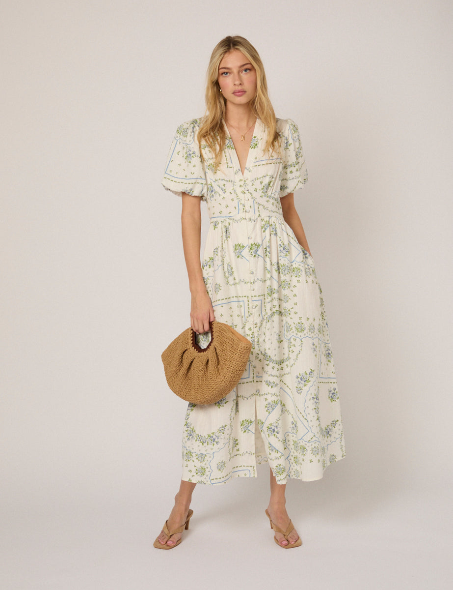 White Short Sleeve Floral Starlight Midi Dress