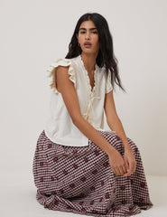 White Linen-Blend Ruffle Tie Front Top