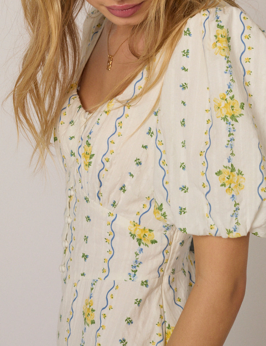 White Floral Puff Sleeve Melody Midi Dress