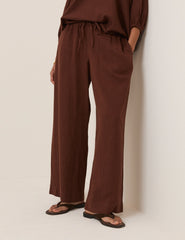 Brown Linen-Blend Low Waisted Straight Leg Trousers