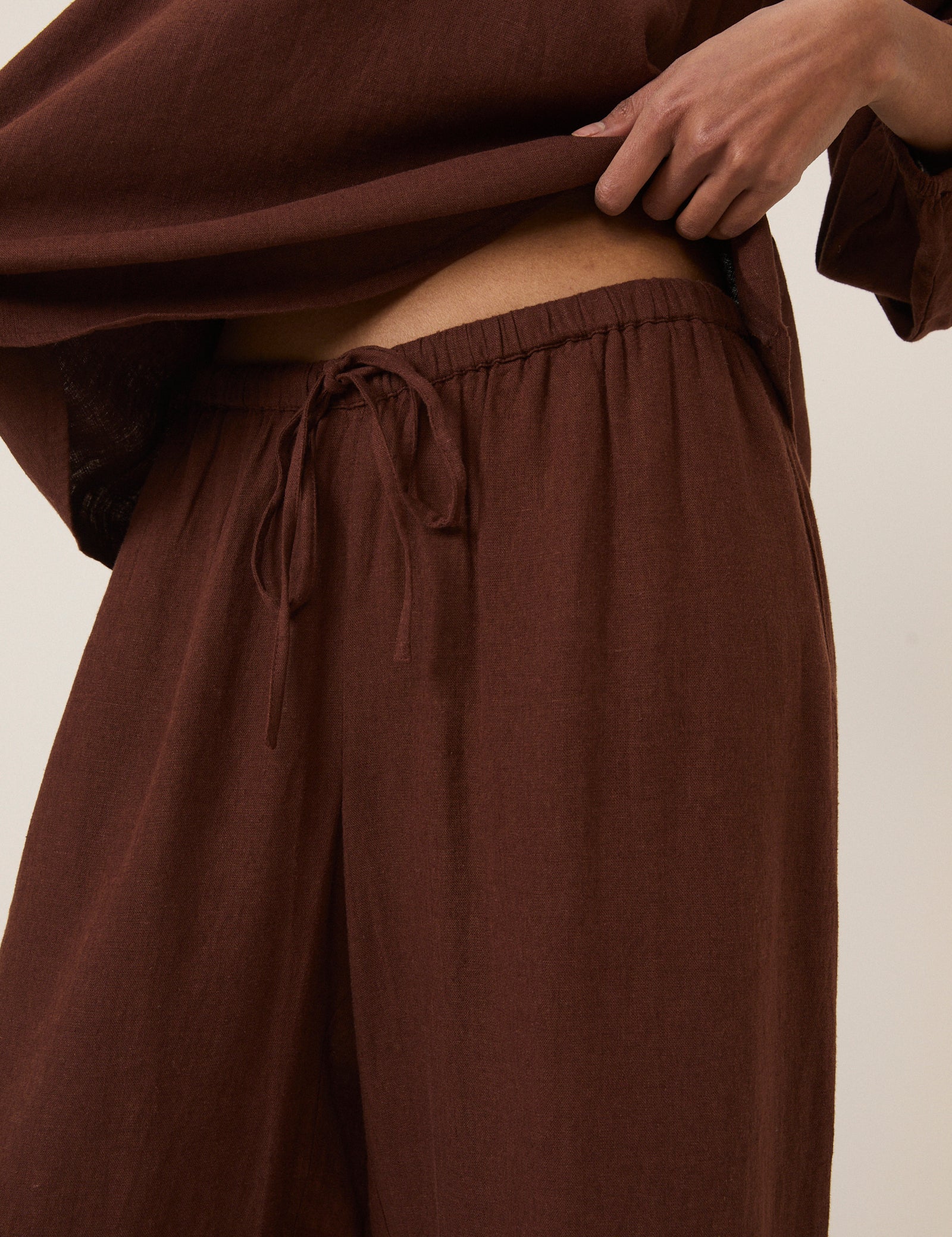 Brown Linen-Blend Low Waisted Straight Leg Trousers