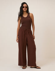 Brown Linen-Blend Low Waisted Straight Leg Trousers