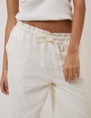 Cream Linen-Blend Straight Leg Trousers
