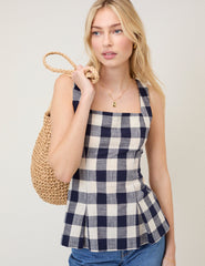 Navy Gingham Square Neck Top