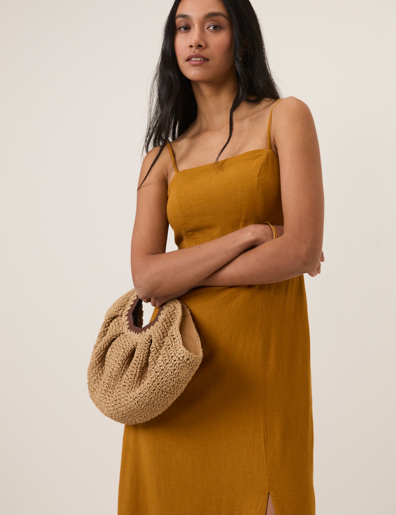 Mustard Yellow Linen-Blend Maddy Midi Dress