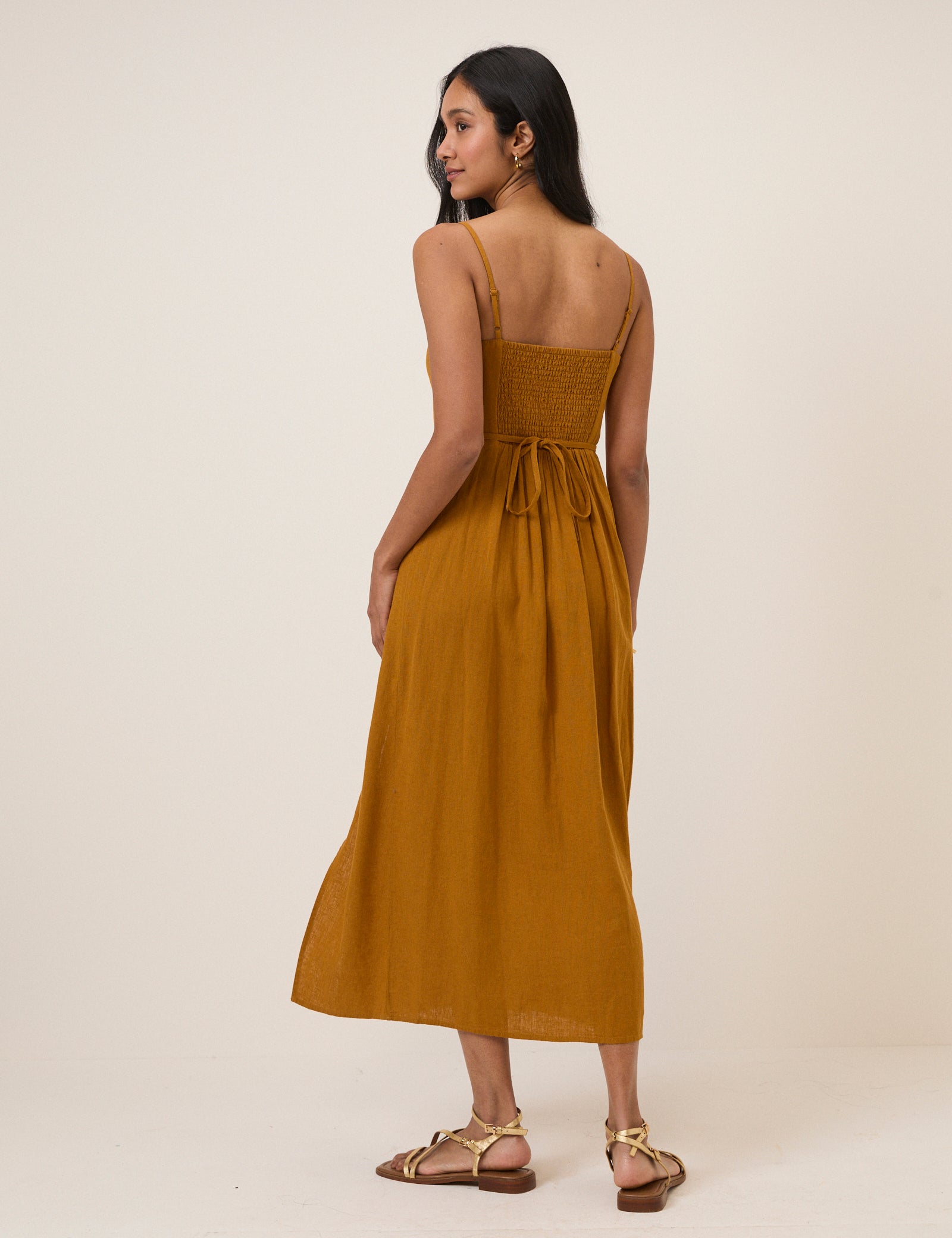 Mustard Yellow Linen-Blend Maddy Midi Dress