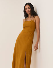 Mustard Yellow Linen-Blend Maddy Midi Dress
