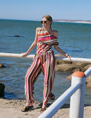 Multi-Coloured Striped Split Hem Wide Leg Trousers