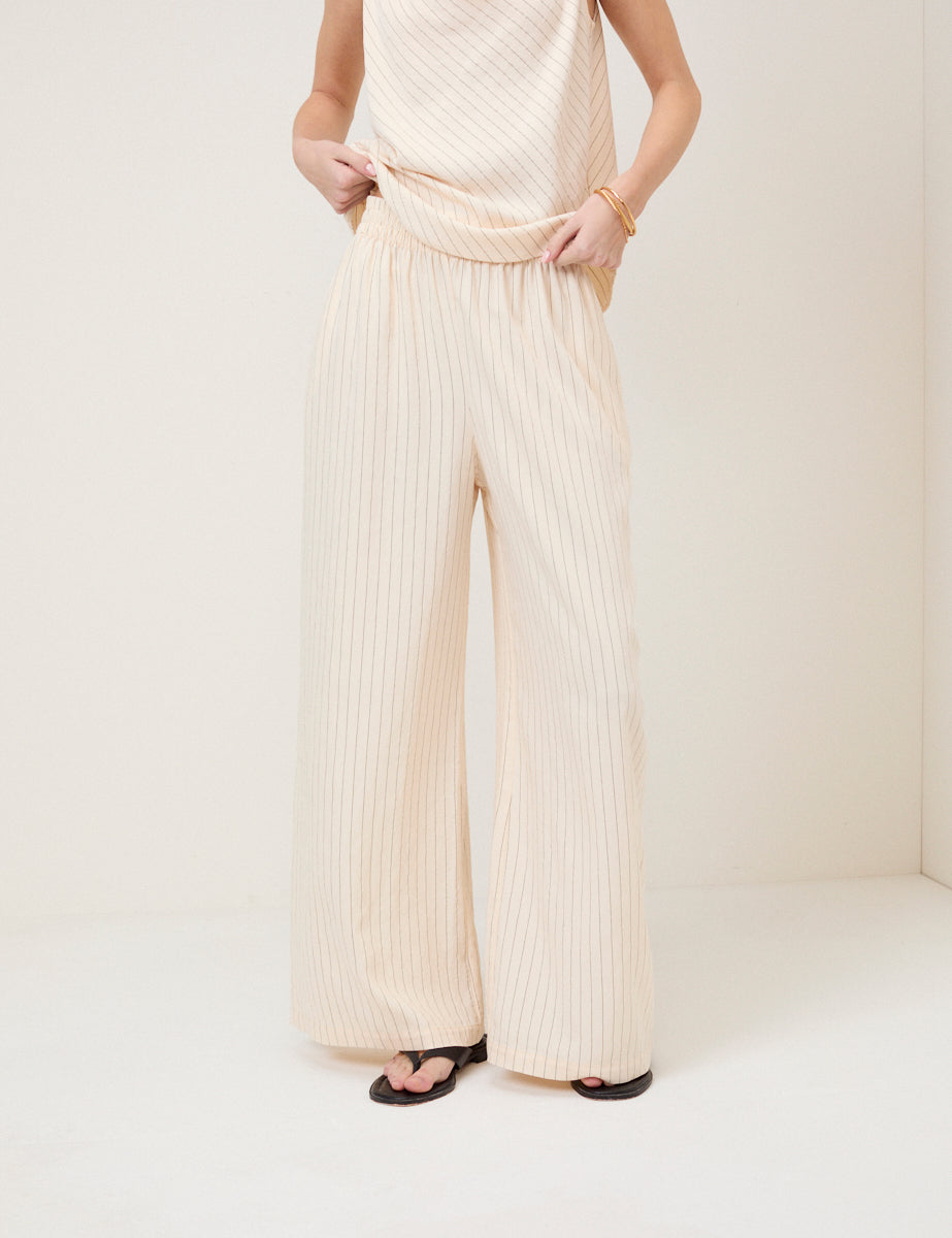 Cream Pinstripe Wide Leg Trousers