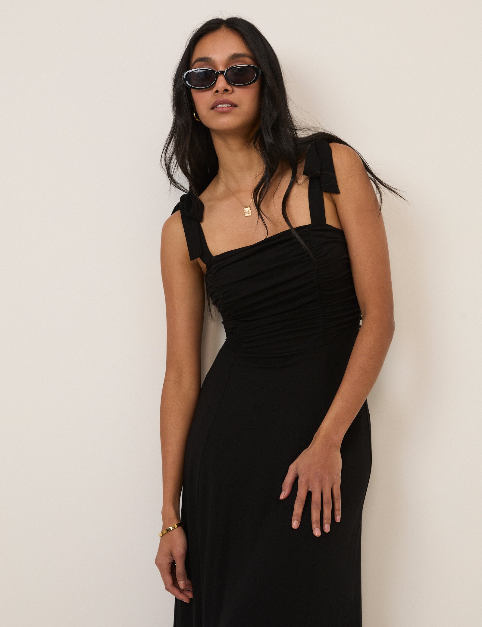 Black Tie Shoulder Hattie Jersey Midi Dress