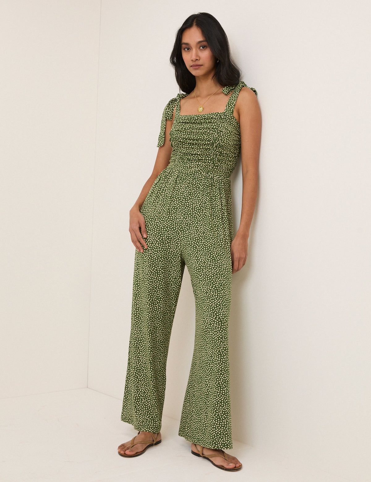 Green Polka Dot Tie Shoulder Jersey Jumpsuit