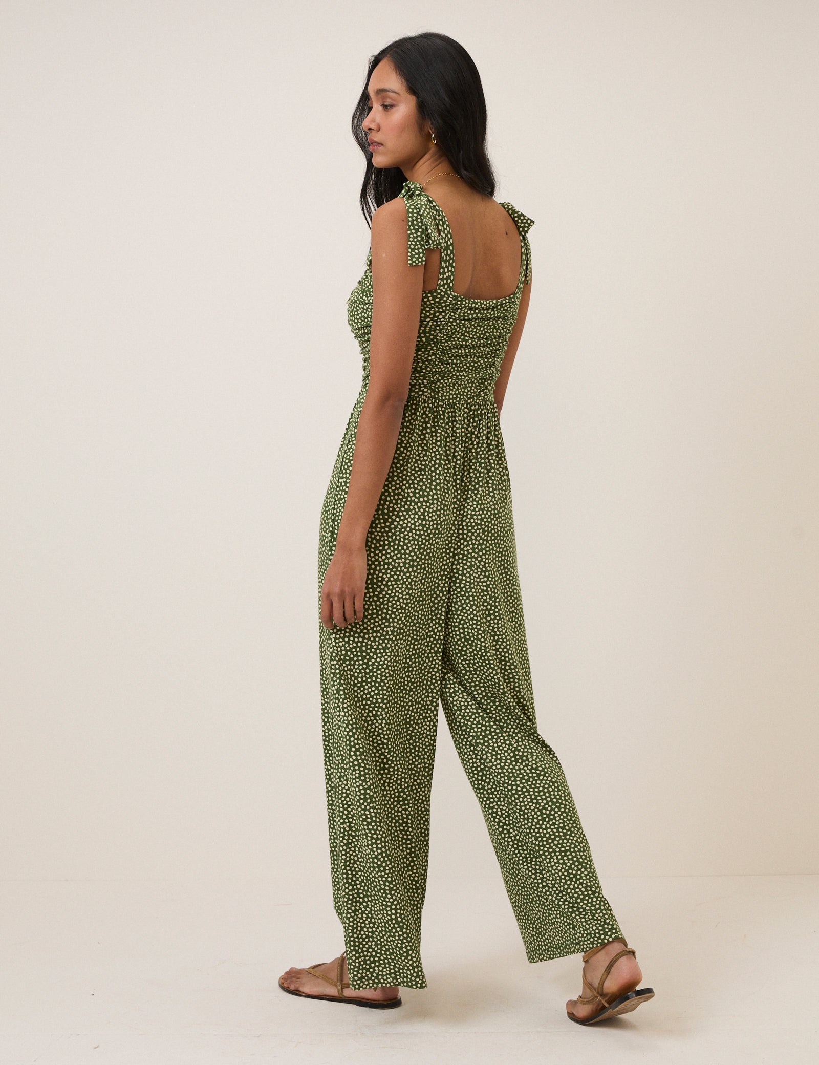 Green Polka Dot Tie Shoulder Jersey Jumpsuit