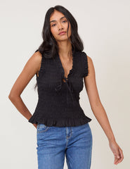 Black Shirred V Neck Top