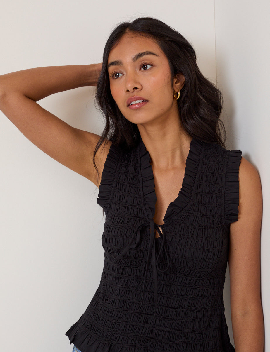 Black Shirred V Neck Top