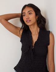 Black Shirred V Neck Top