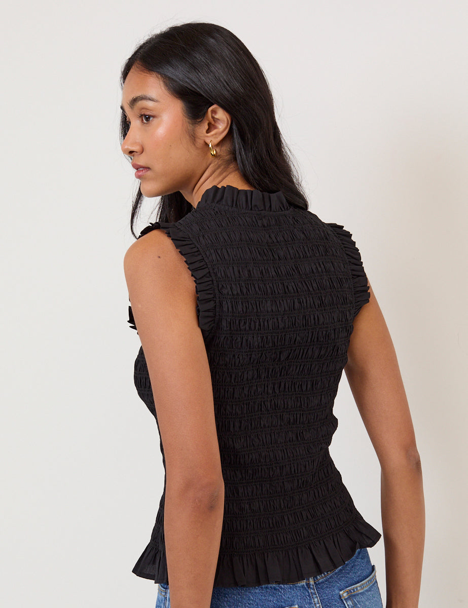 Black Shirred V Neck Top