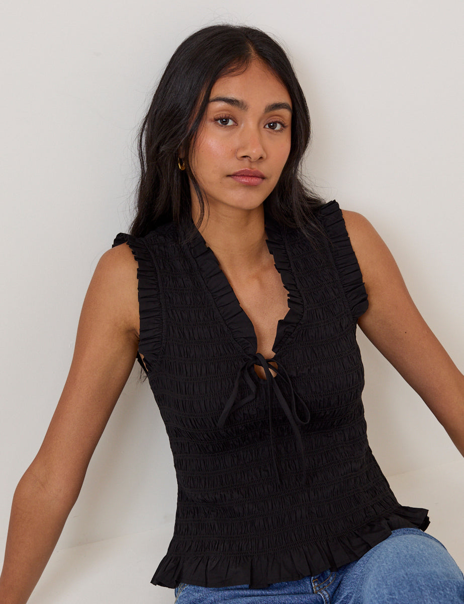 Black Shirred V Neck Top