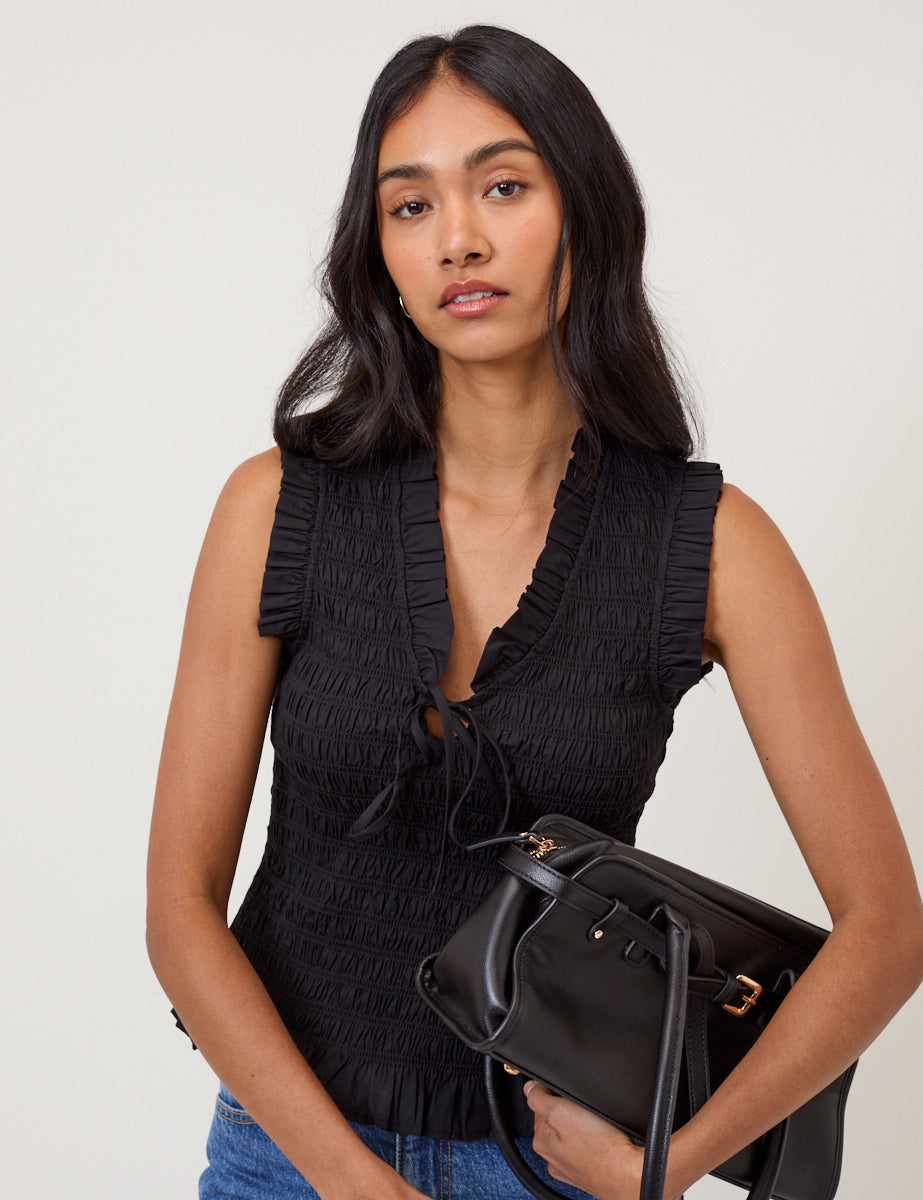 Black Shirred V Neck Top