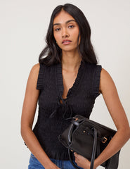 Black Shirred V Neck Top