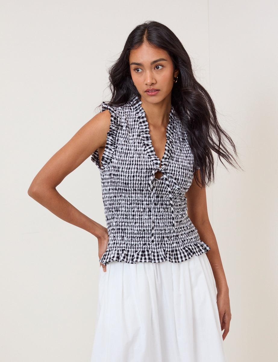 Black Gingham Shirred V Neck Top