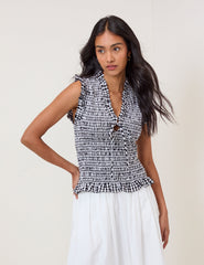 Black Gingham Shirred V Neck Top