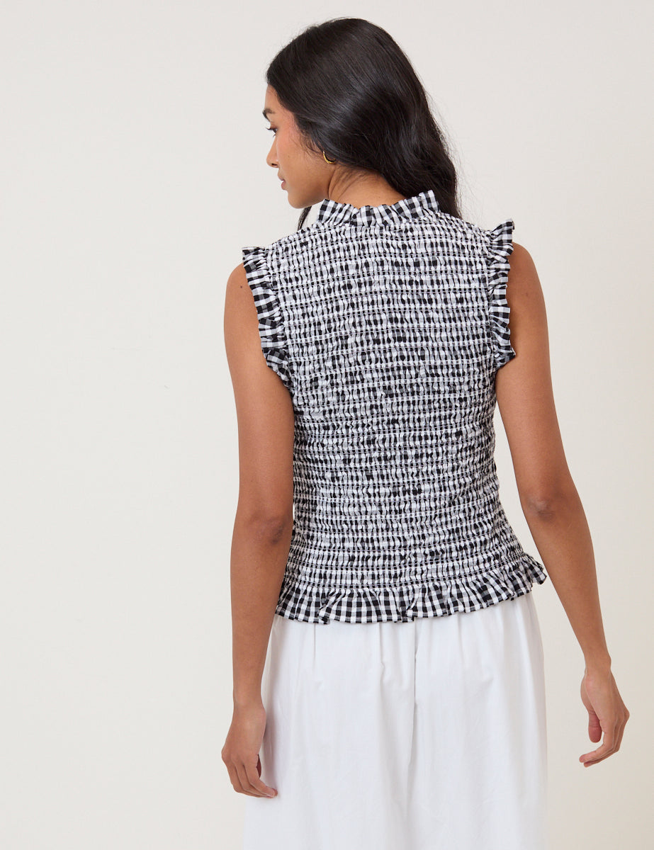 Black Gingham Shirred V Neck Top