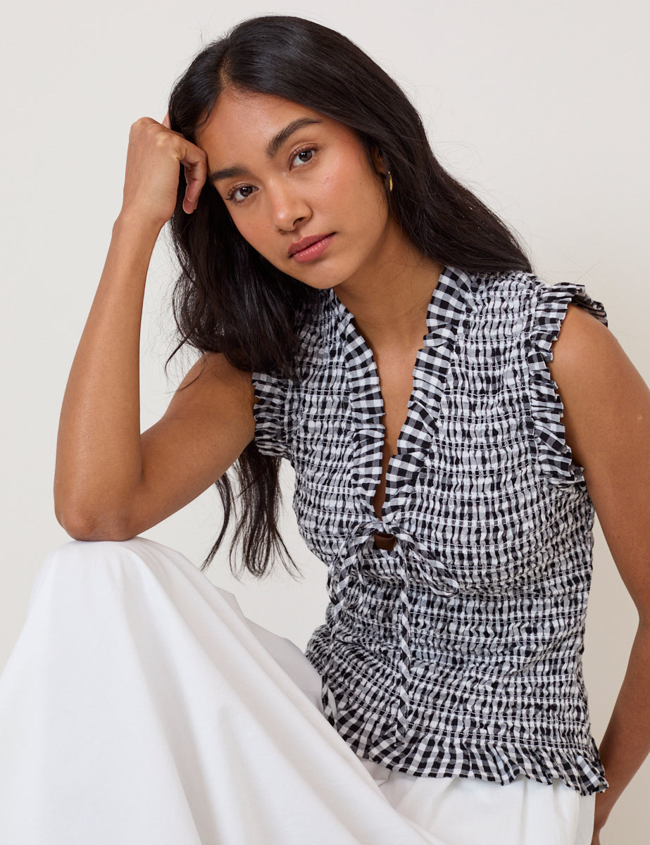 Black Gingham Shirred V Neck Top