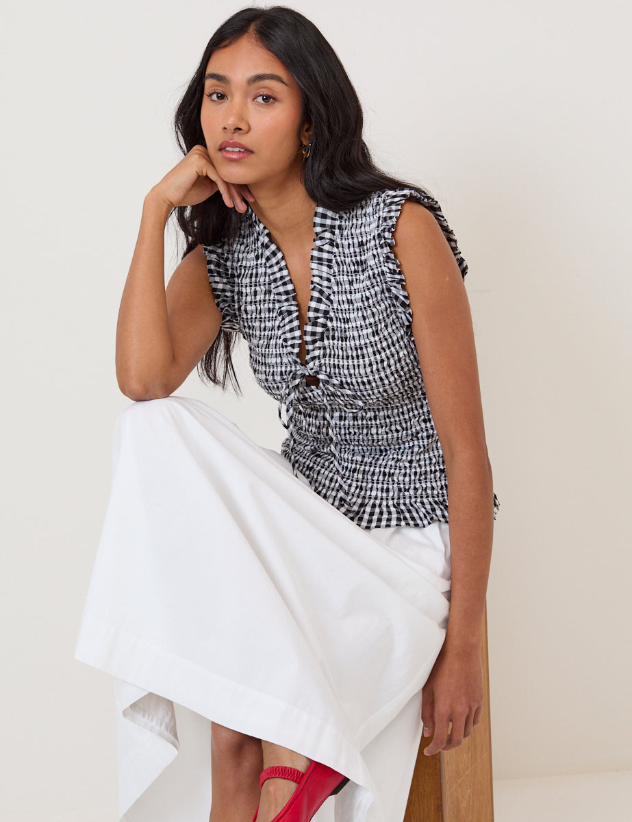 Black Gingham Shirred V Neck Top