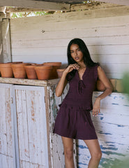 Purple Shirred V Neck Top