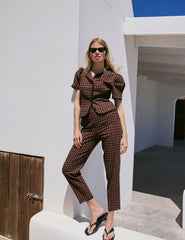 Brown Gingham Lace Trim Cigarette Trousers