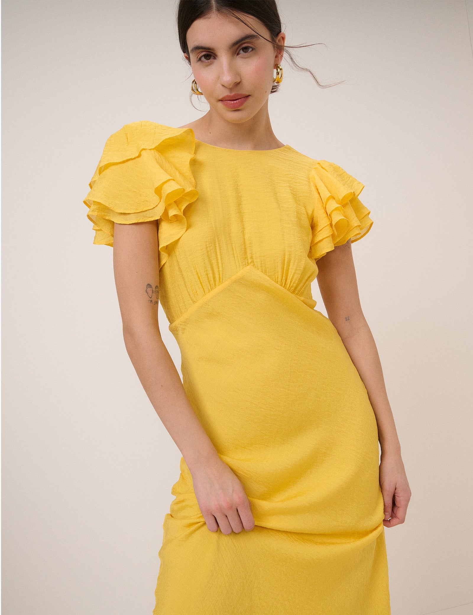 Yellow Frill Sleeve Lola Midi Dress
