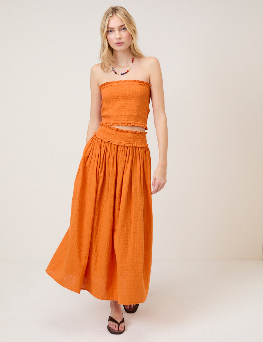 Orange Shirred Bandeau Top
