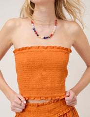 Orange Shirred Bandeau Top