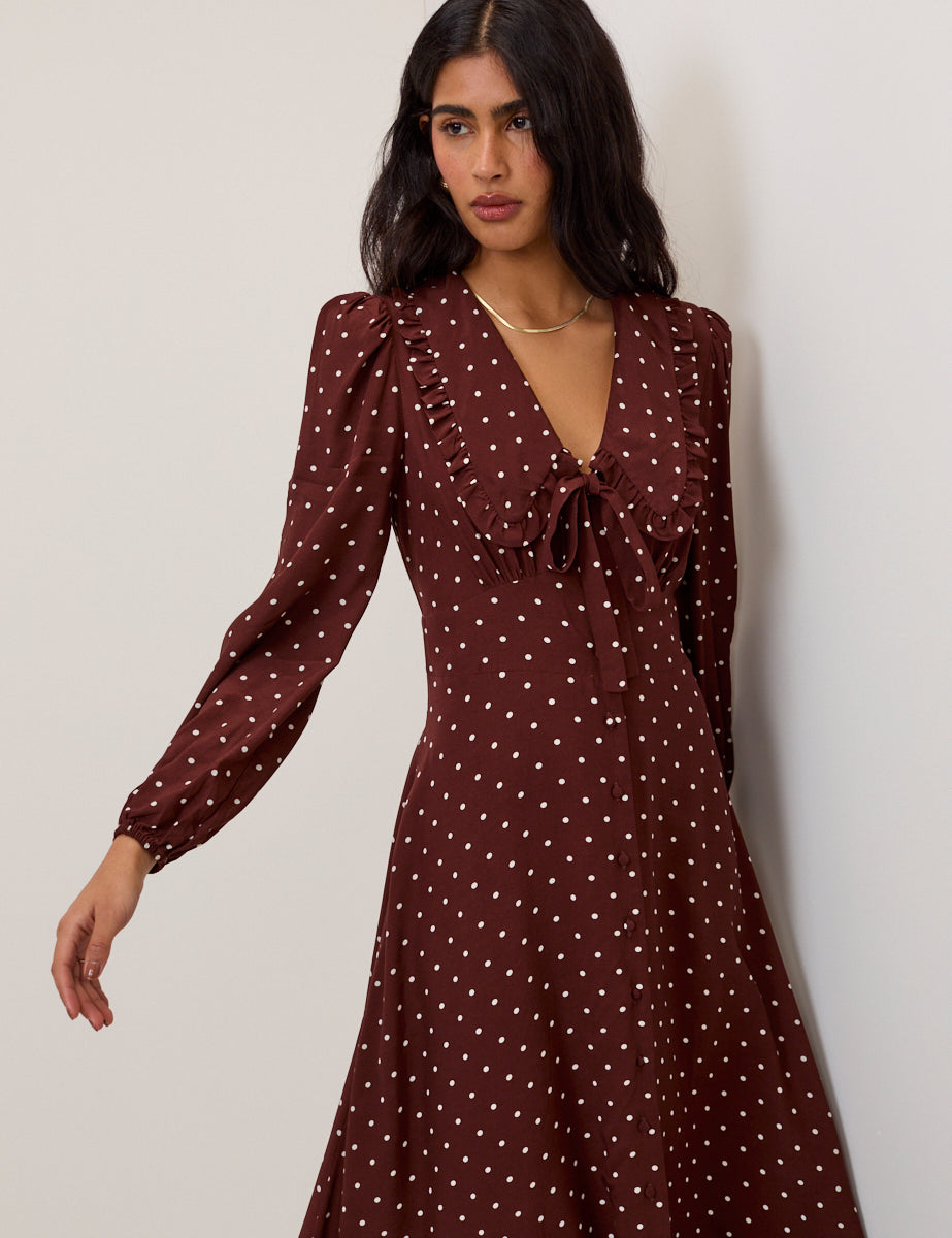 Brown Polka Dot Ottilie Midi Dress